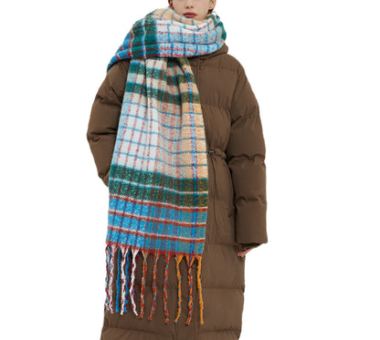 Cozy Multicolored Plaid Scarf with Fringe Detail