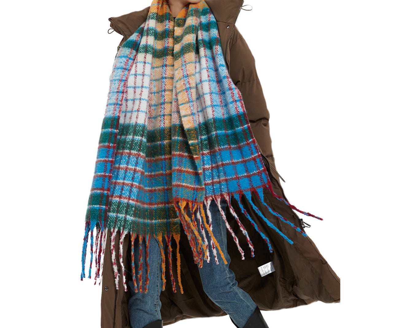 Cozy Multicolored Plaid Scarf with Fringe Detail