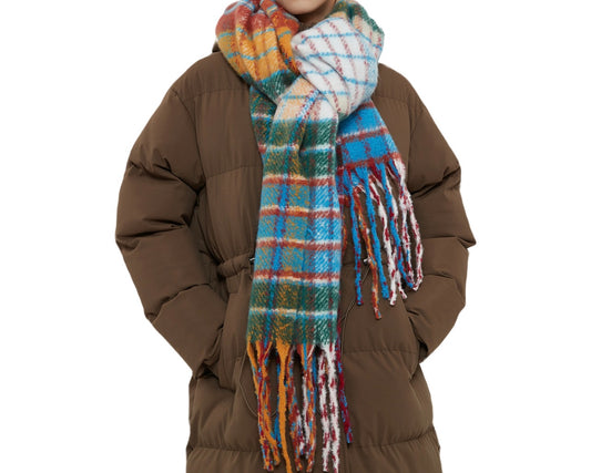 Cozy Multicolored Plaid Scarf with Fringe Detail